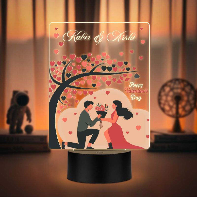 Personalized Happy Valentine's Day Theme LED Night Lamp, Couple with Heart Tree Design Valentines Day Gift for Couples Warm White Light